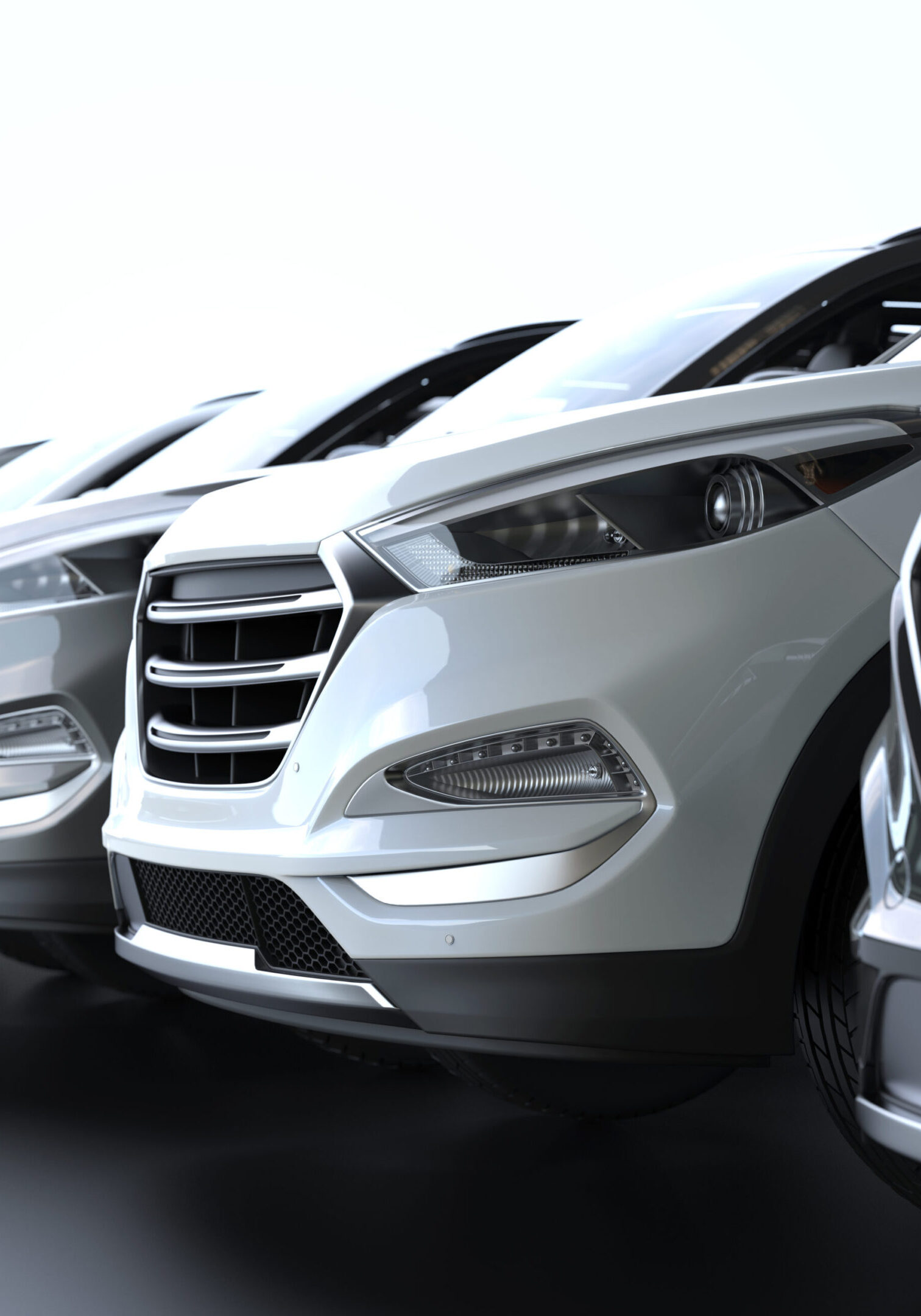 Cars parked in row on outdoor parking, front view - 3D illustration